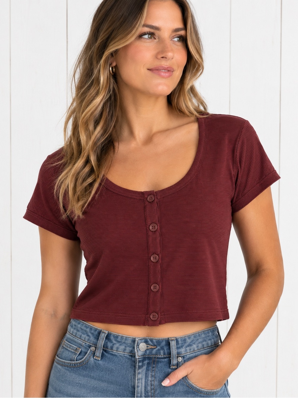 Sunday Best Maroon Short Sleeve Button Crop Top